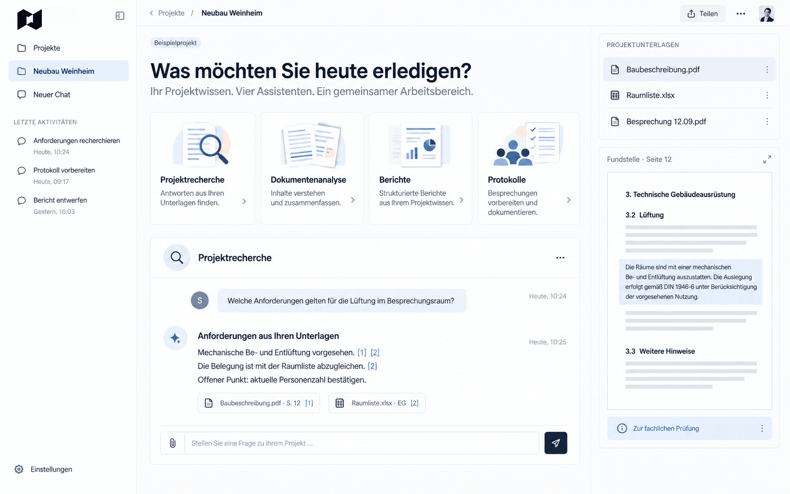 Beispielansicht von Novaplan AI mit vier Assistenten, Projektrecherche und Quellen